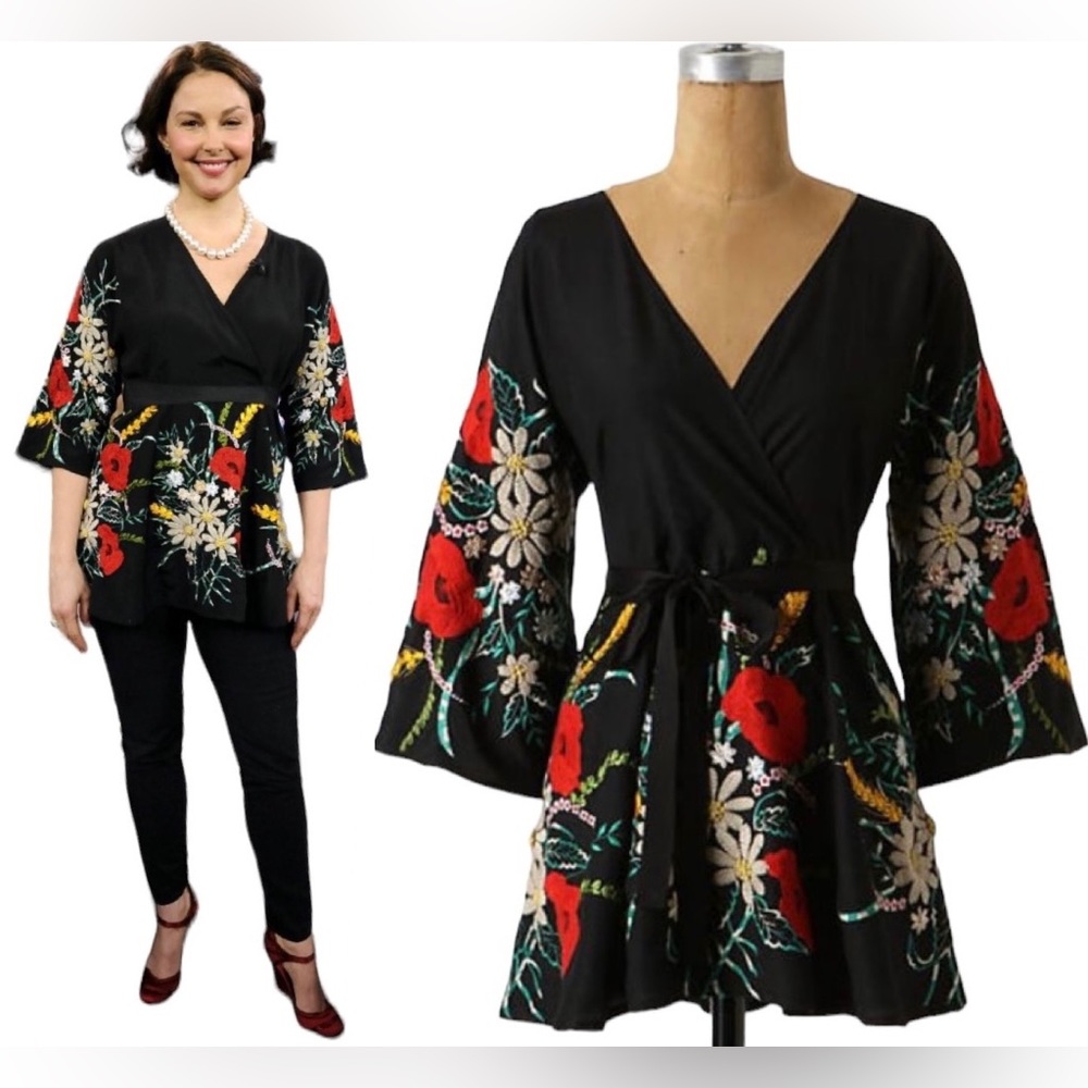 Anthropologie Zehavale Garden Garnish Blouse Top Floral Embroidered Black Red